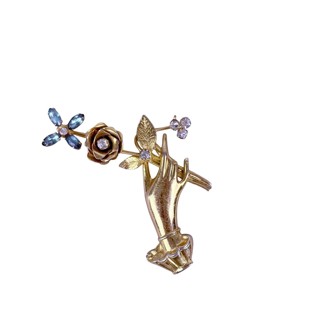 VTG Coro Brooch Hand Floral Boquet Figural Women's OS Gold Blue Rhinestone Pin